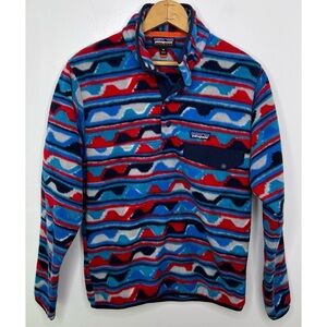 PATAGONIA Delta Navy Blue and Red Wave Printed Snap T Synchilla Fleece